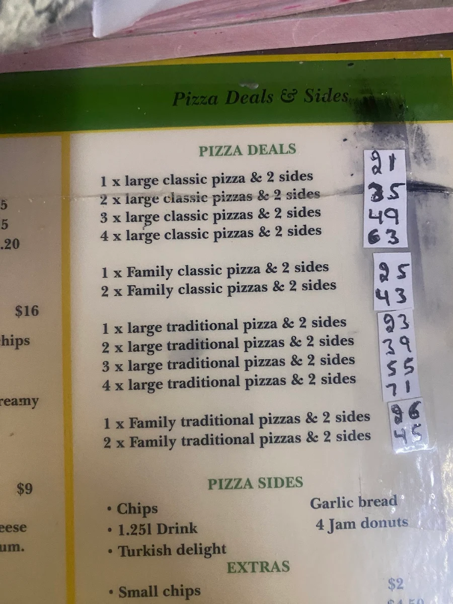 Menu, Mirellas Pizza & Kebabs