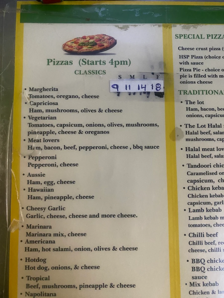 Menu, Mirellas Pizza & Kebabs