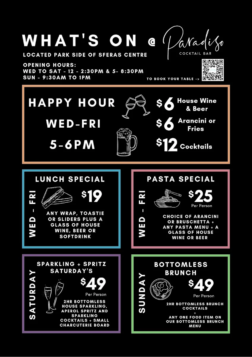 Menu, Paradiso Cafe & Bar
