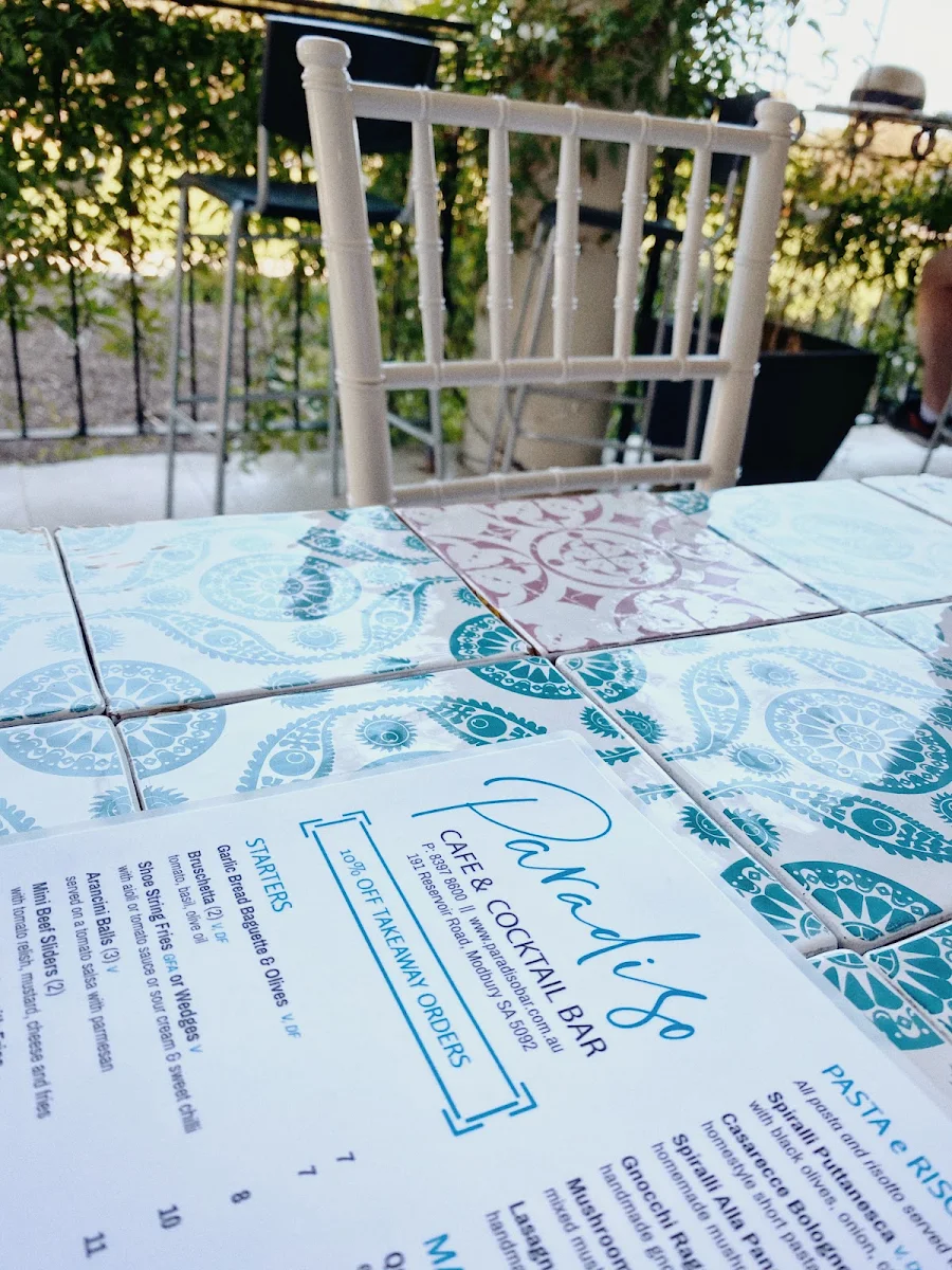 Menu, Paradiso Cafe & Bar