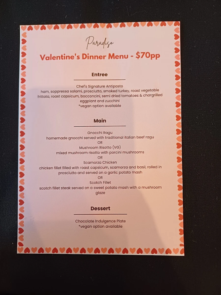 Menu, Paradiso Cafe & Bar