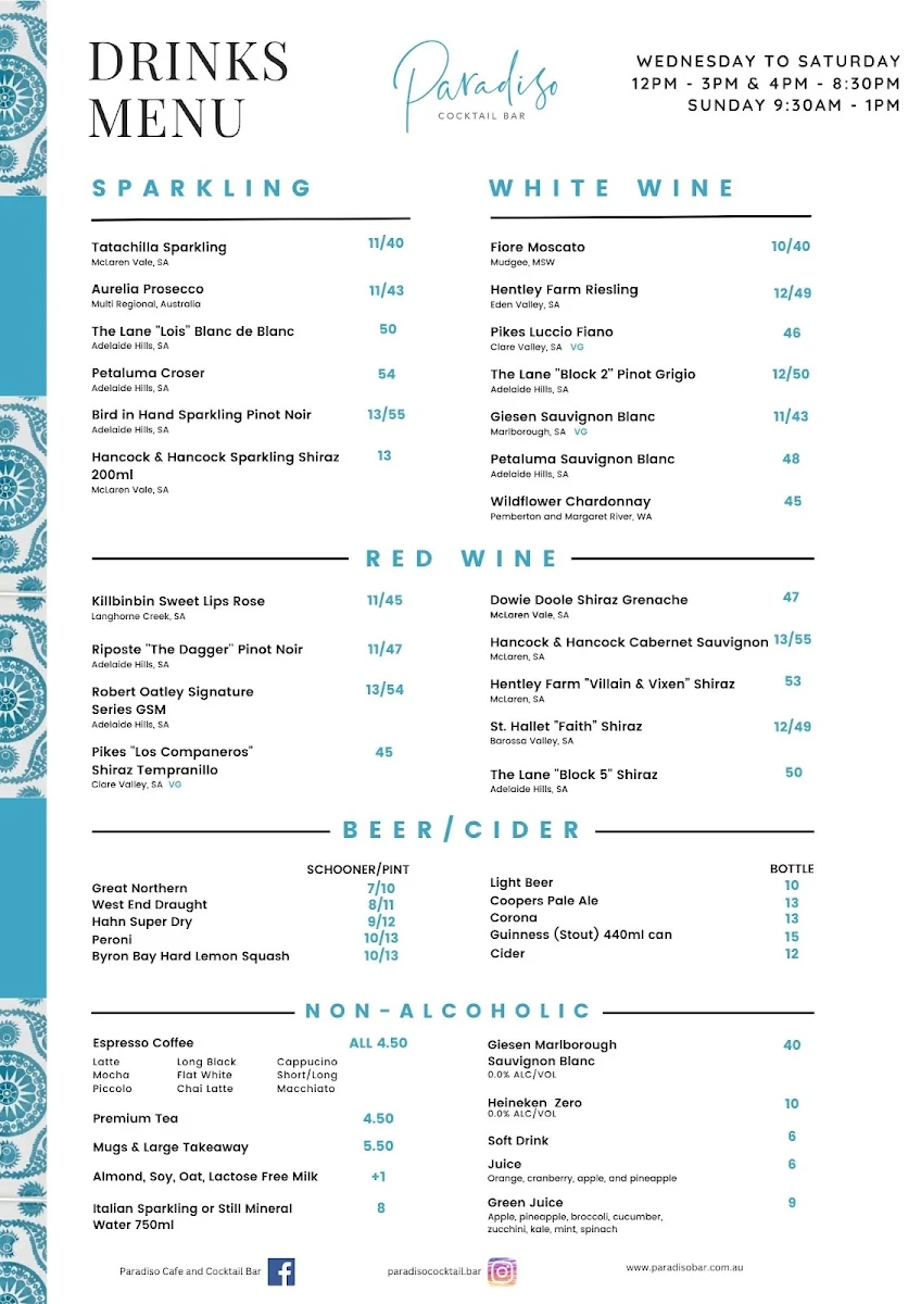 Menu, Paradiso Cafe & Bar