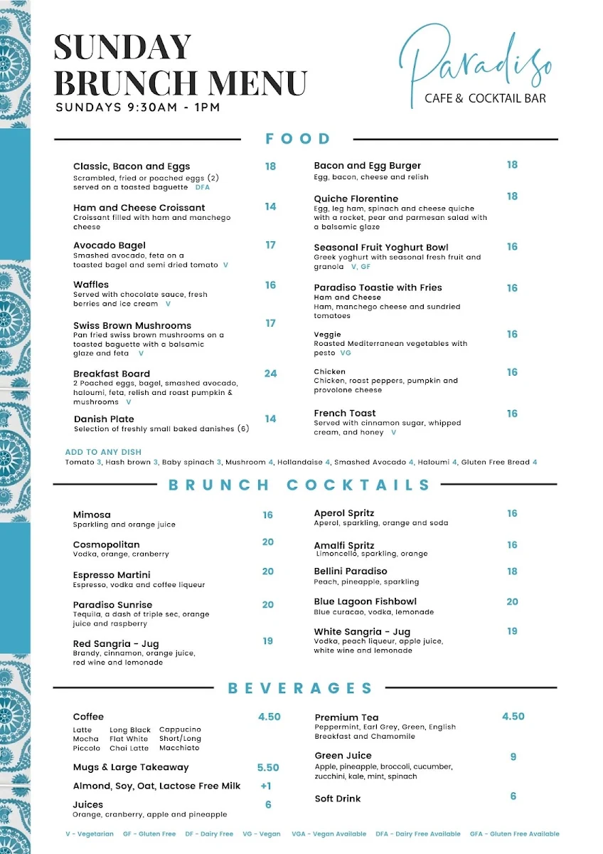 Menu, Paradiso Cafe & Bar