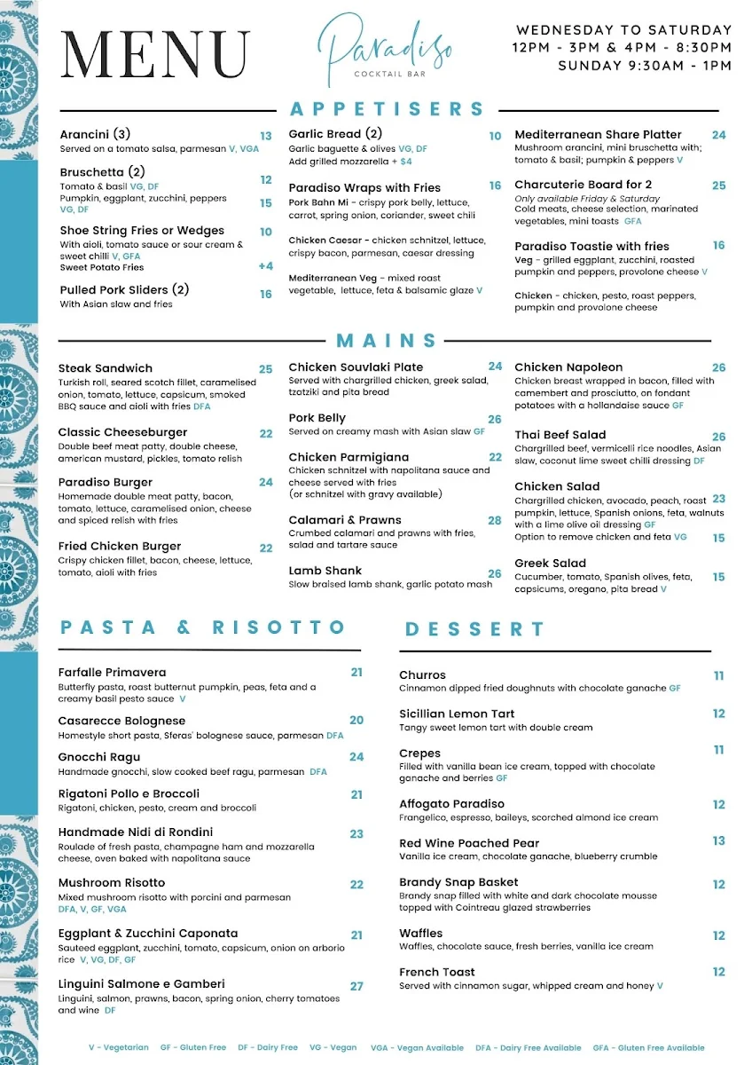 Menu, Paradiso Cafe & Bar