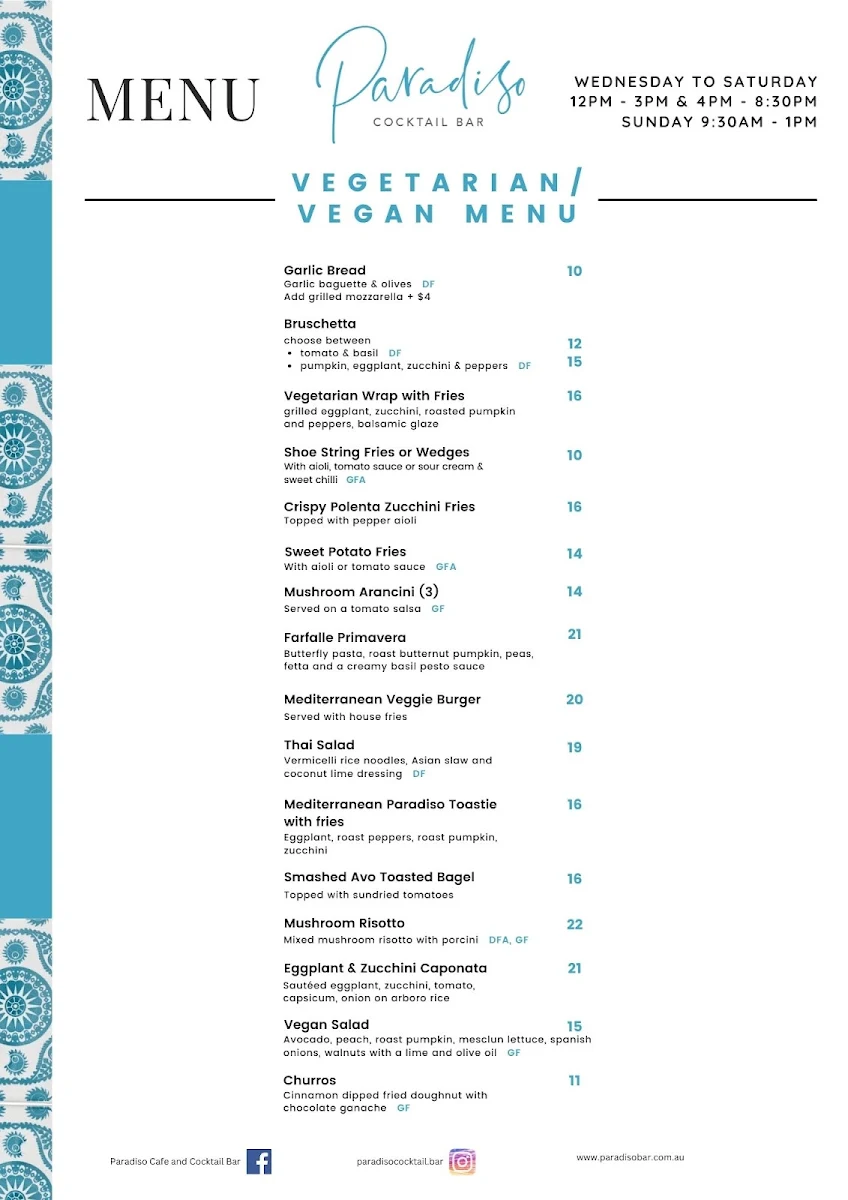 Menu, Paradiso Cafe & Bar