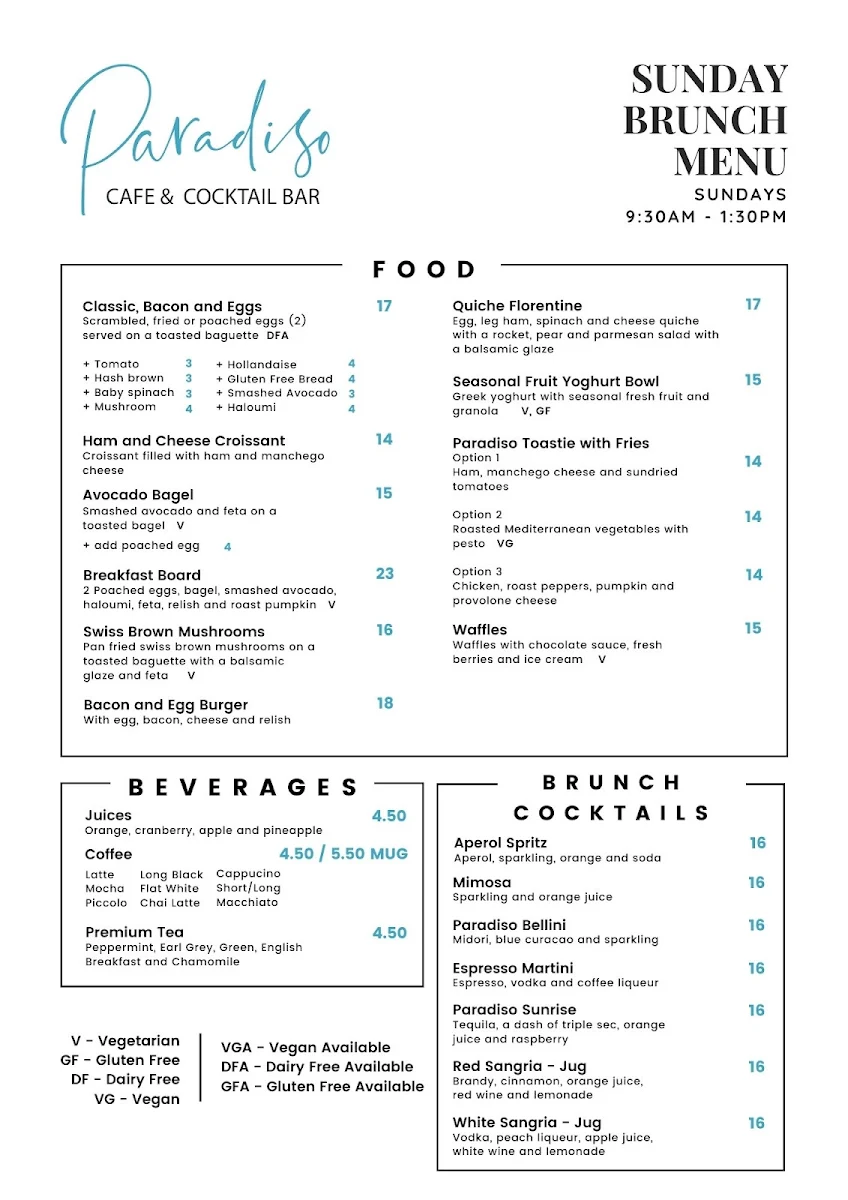 Menu, Paradiso Cafe & Bar