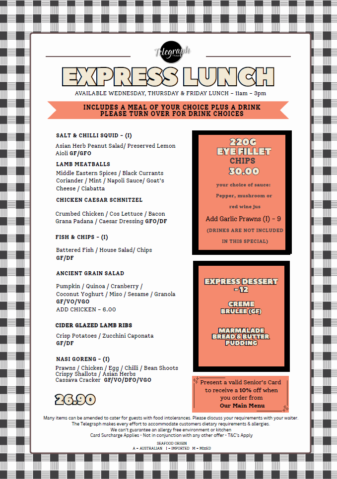 Menu, Telegraph Hotel