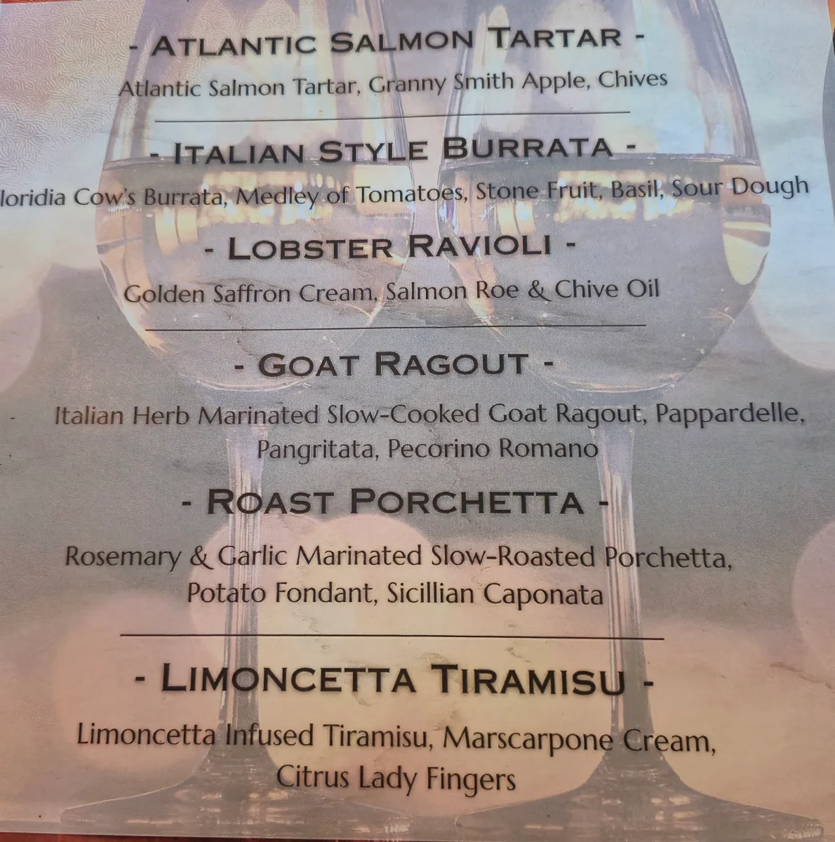 Menu, Telegraph Hotel
