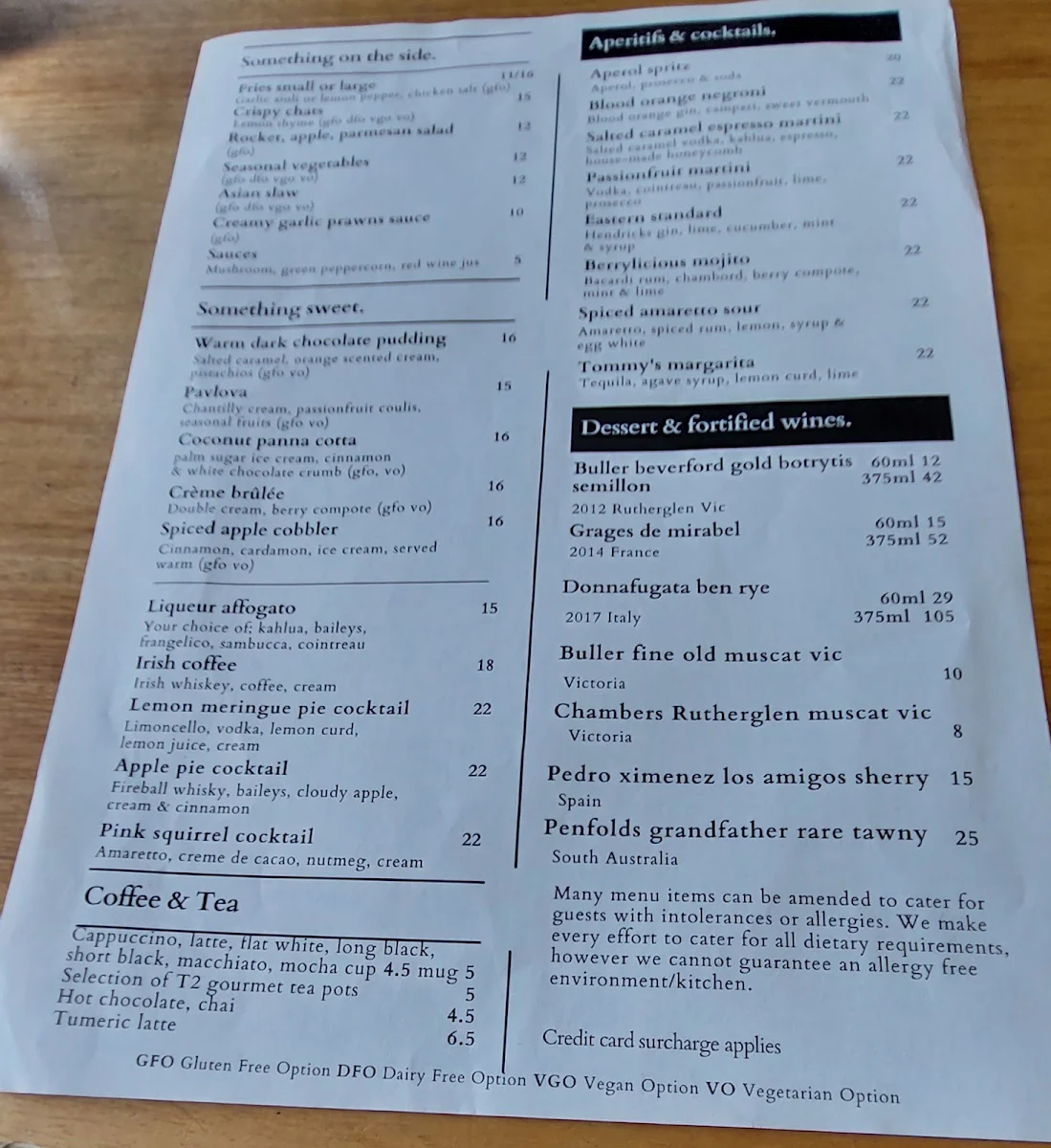 Menu, Telegraph Hotel