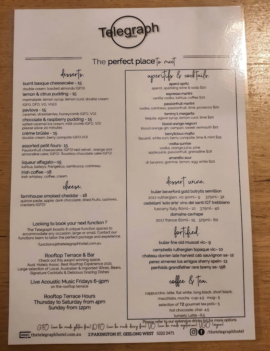 Menu, Telegraph Hotel