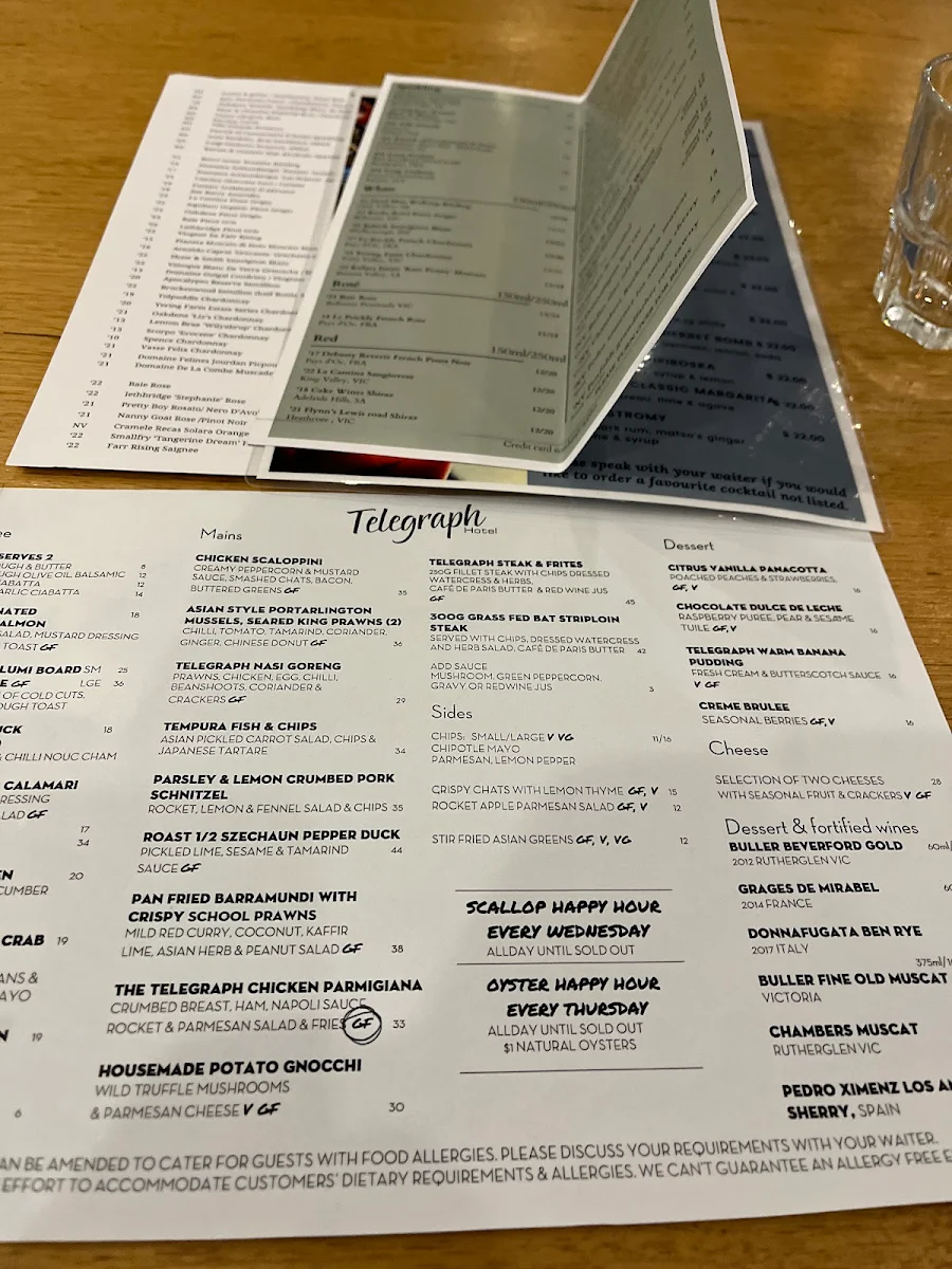 Menu, Telegraph Hotel