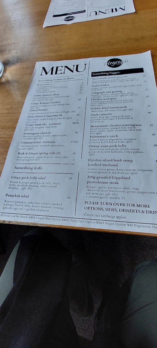 Menu, Telegraph Hotel