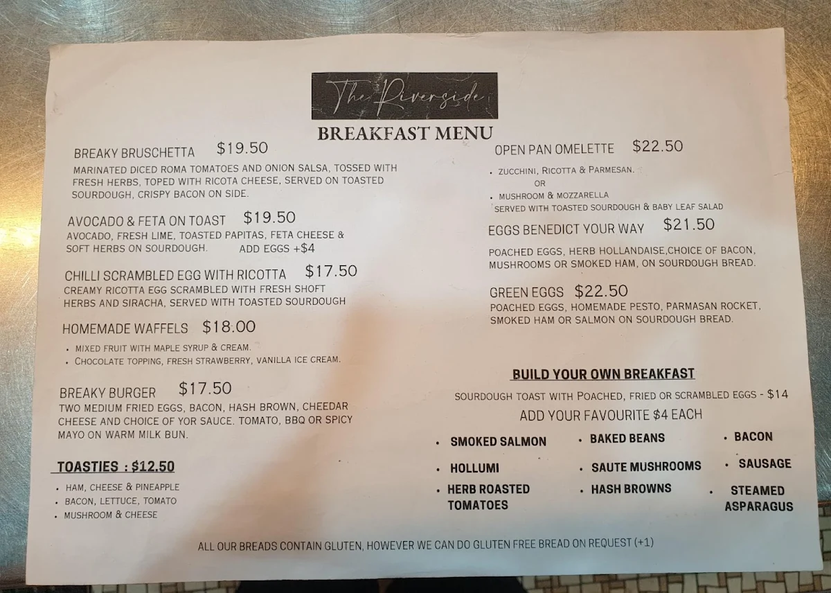 Menu, Riverside Restaurant & Function Centre