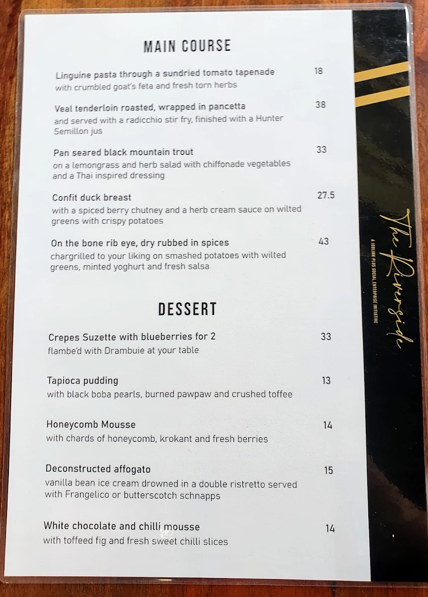 Menu, Riverside Restaurant & Function Centre