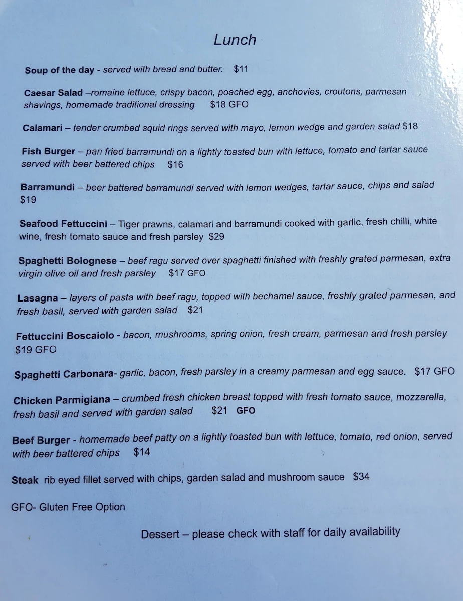 Menu, Riverside Restaurant & Function Centre