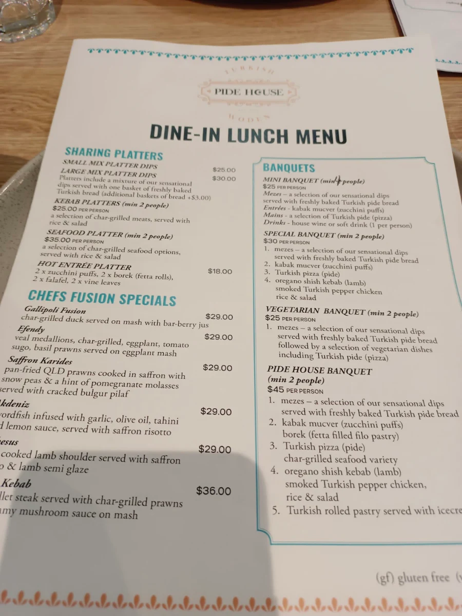 Menu, Turkish Pide House