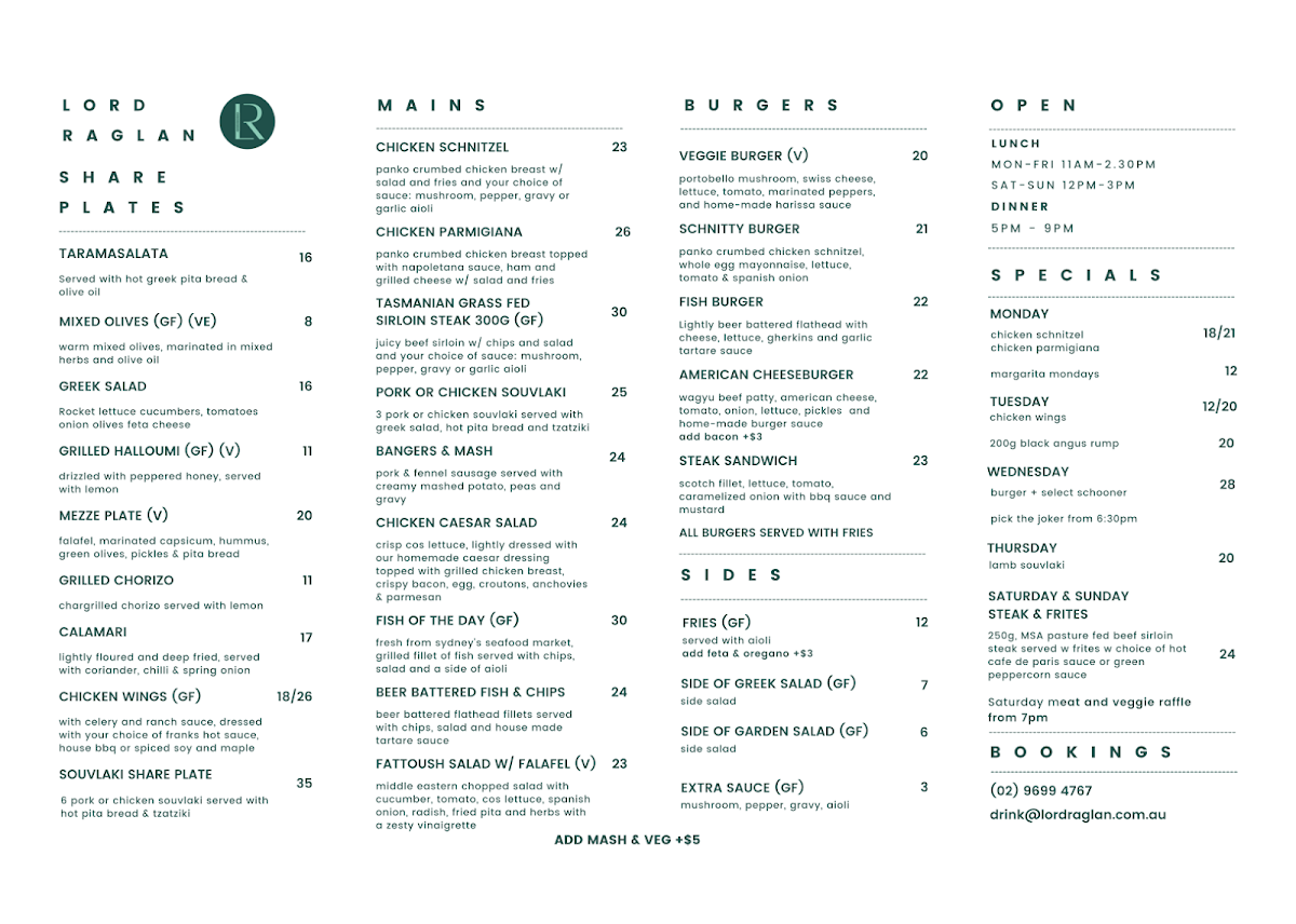 Menu, Lord Raglan Hotel