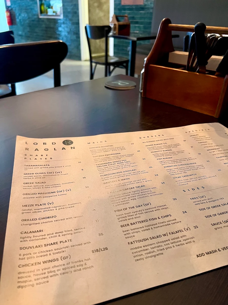 Menu, Lord Raglan Hotel
