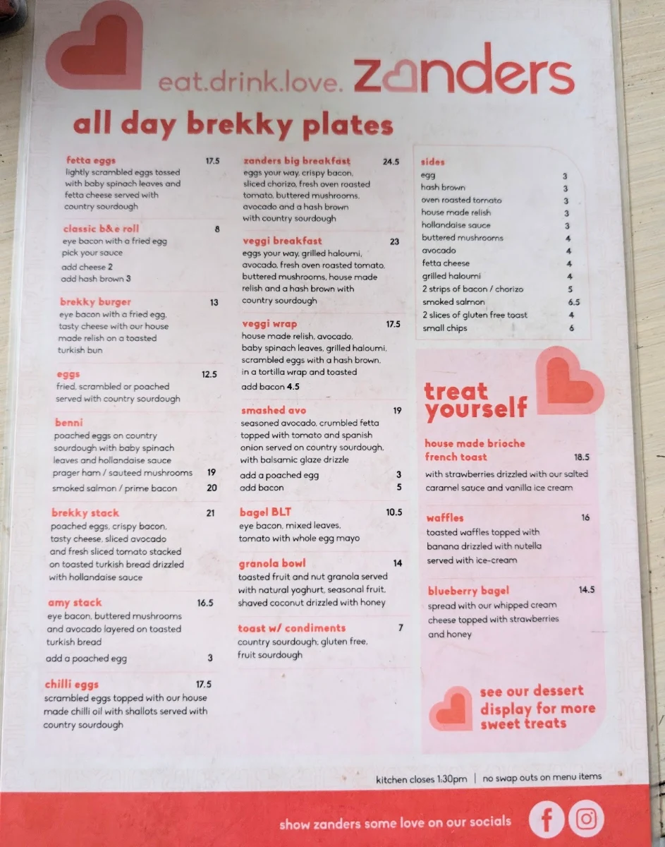 Menu, Zanders Cafe