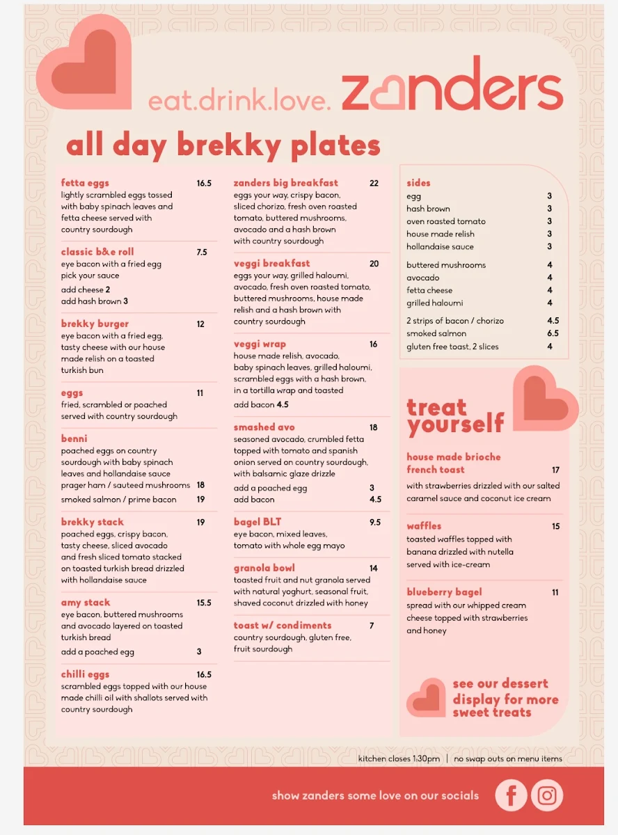 Menu, Zanders Cafe