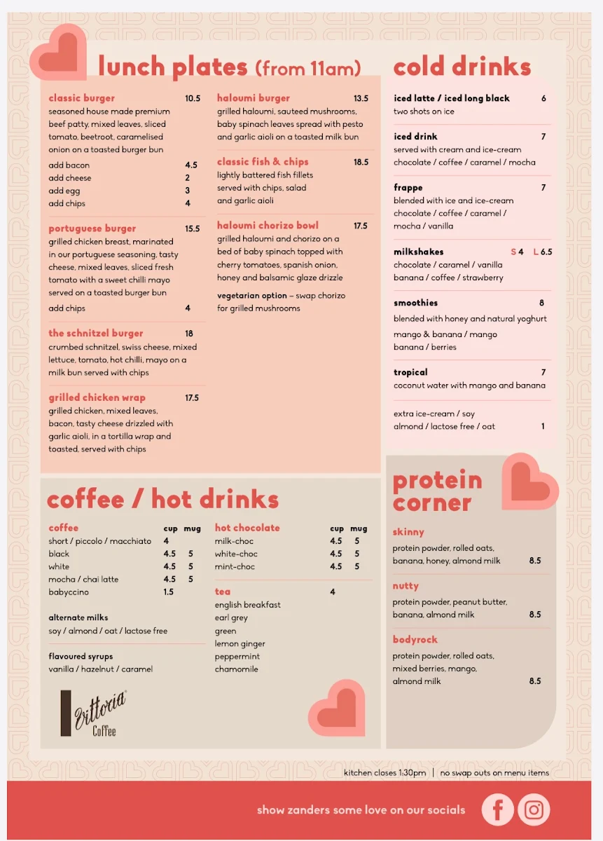 Menu, Zanders Cafe