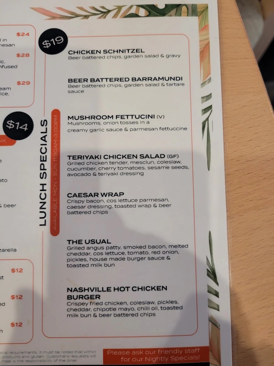 Menu, Ashmore Tavern
