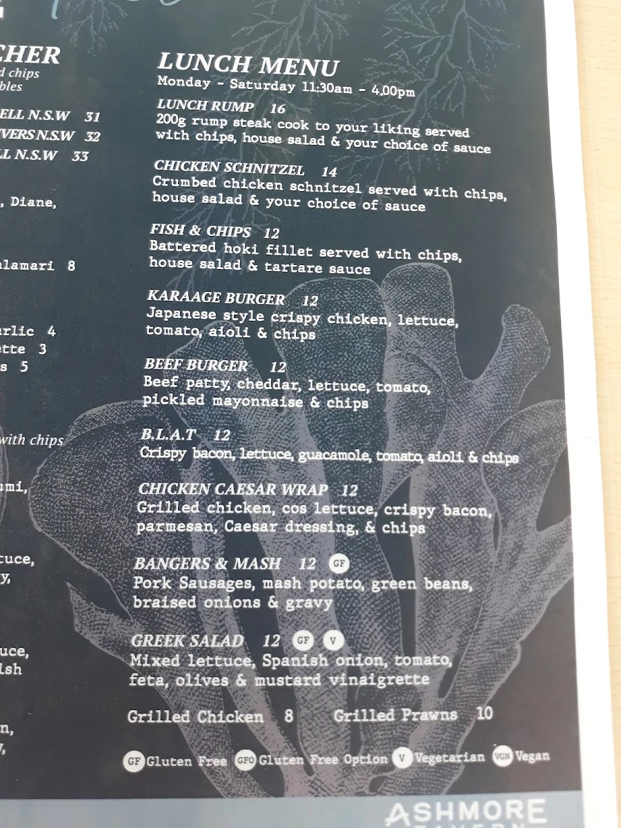 Menu, Ashmore Tavern