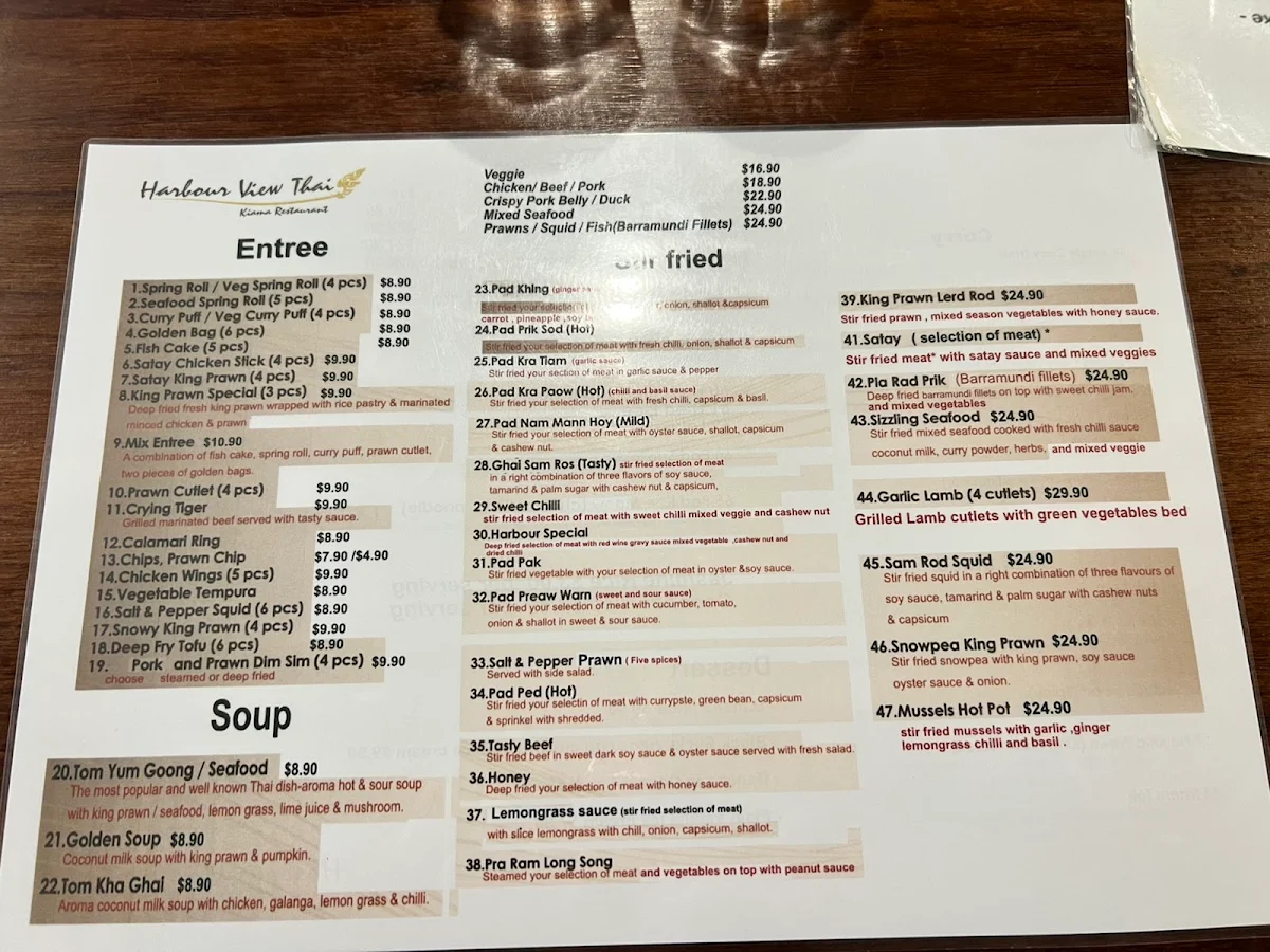 Menu, Harbour View Thai Kiama Restaurant