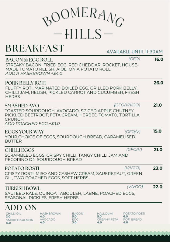 Menu, Boomerang Hills Cafe and Restaurant