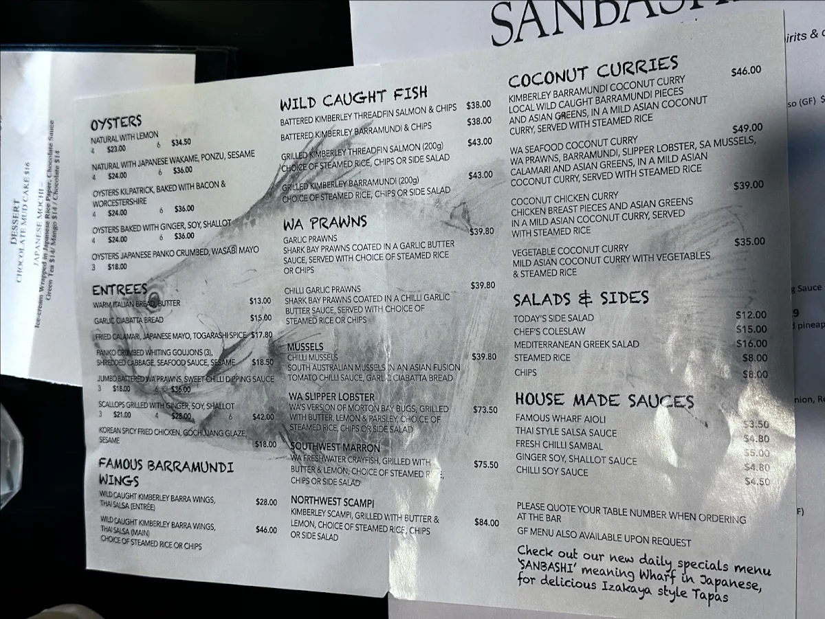Menu, Wharf Restaurant