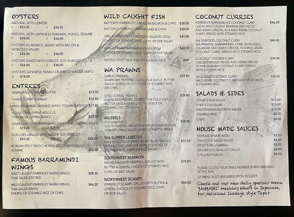 Menu, Wharf Restaurant