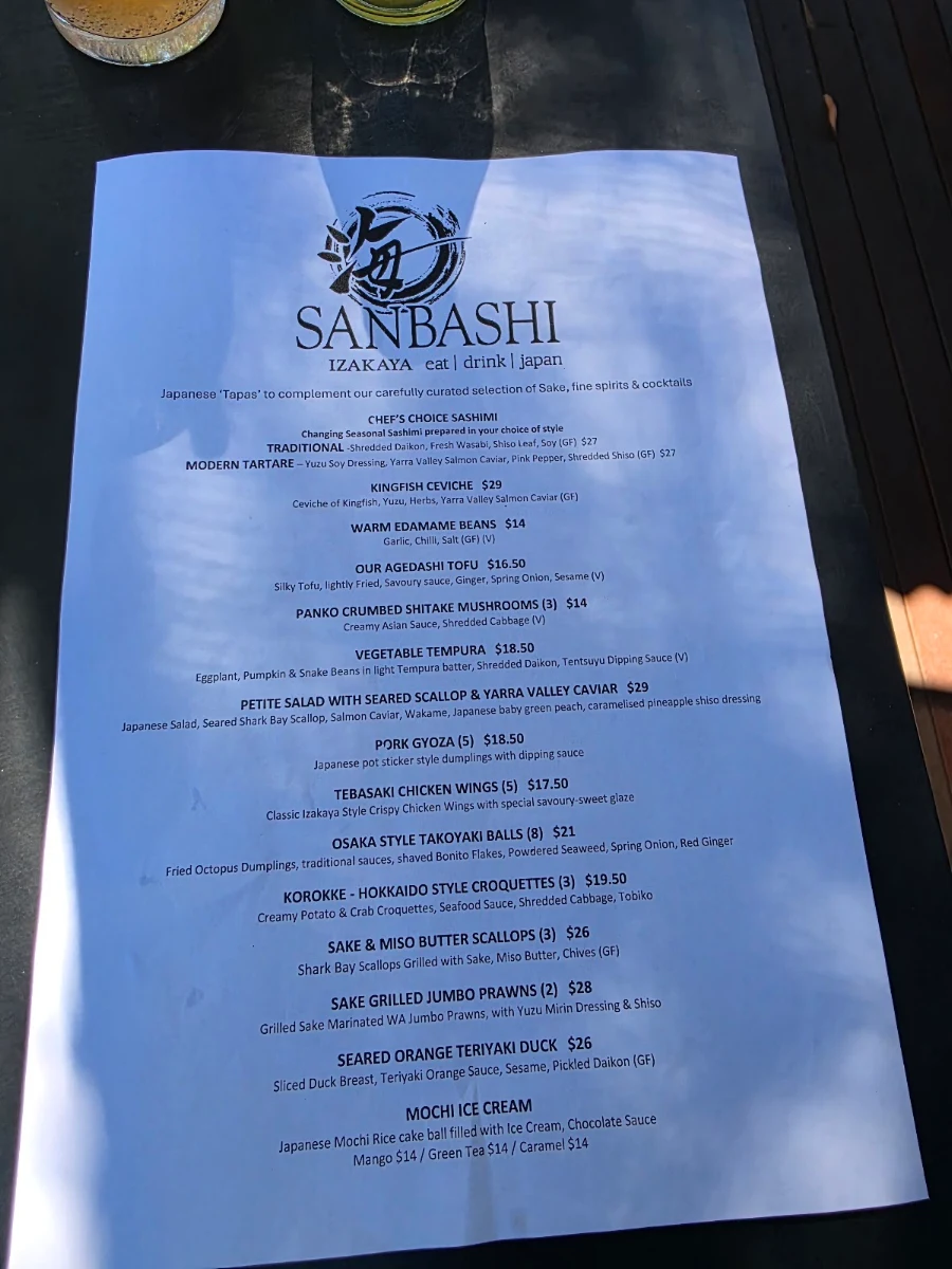 Menu, Wharf Restaurant