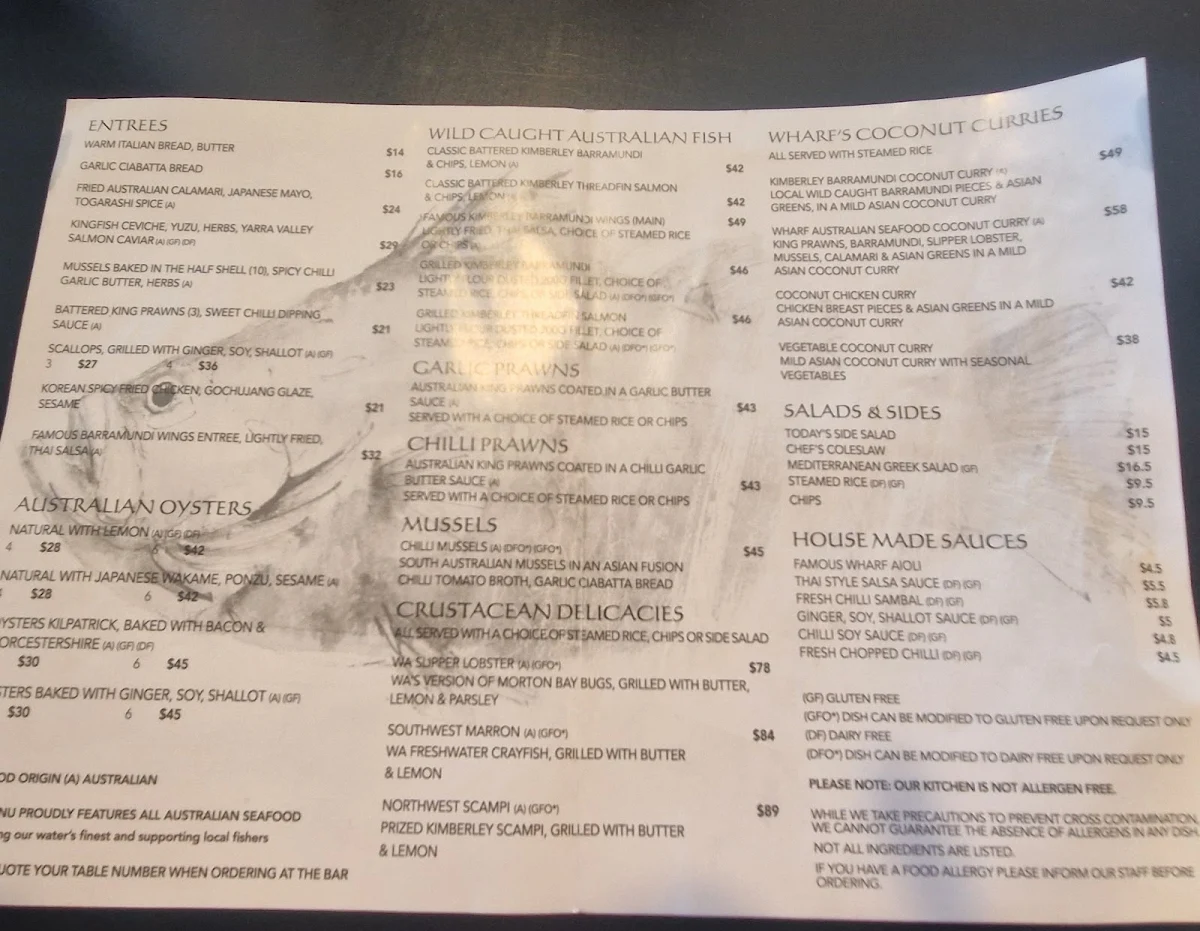 Menu, Wharf Restaurant