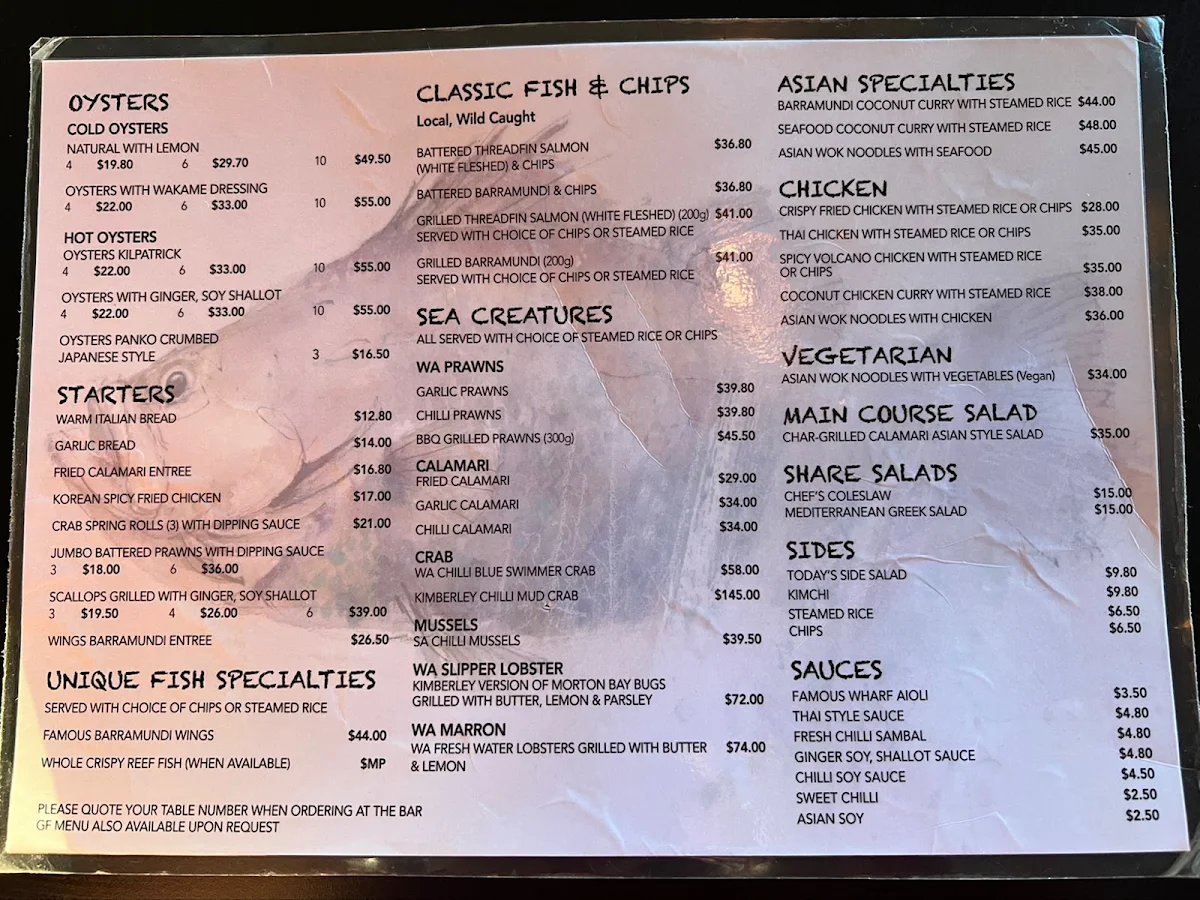 Menu, Wharf Restaurant