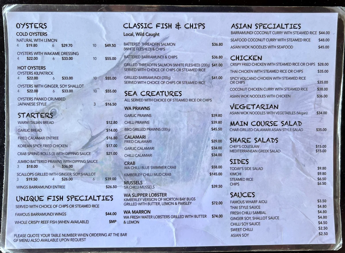 Menu, Wharf Restaurant