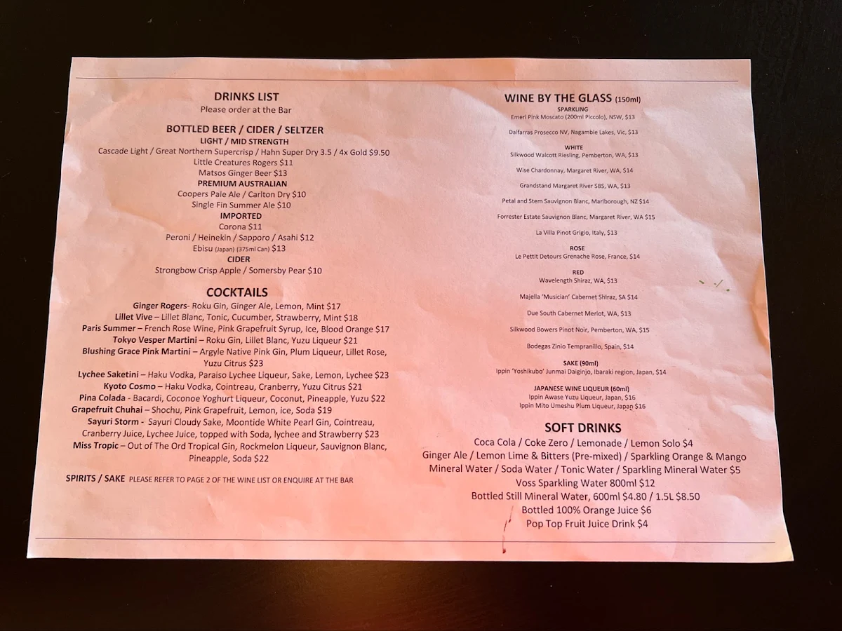 Menu, Wharf Restaurant