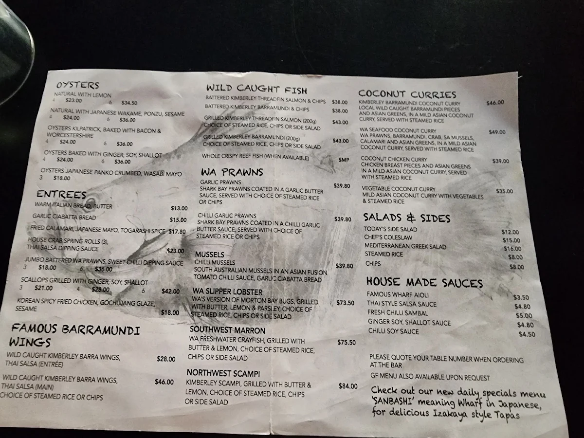 Menu, Wharf Restaurant
