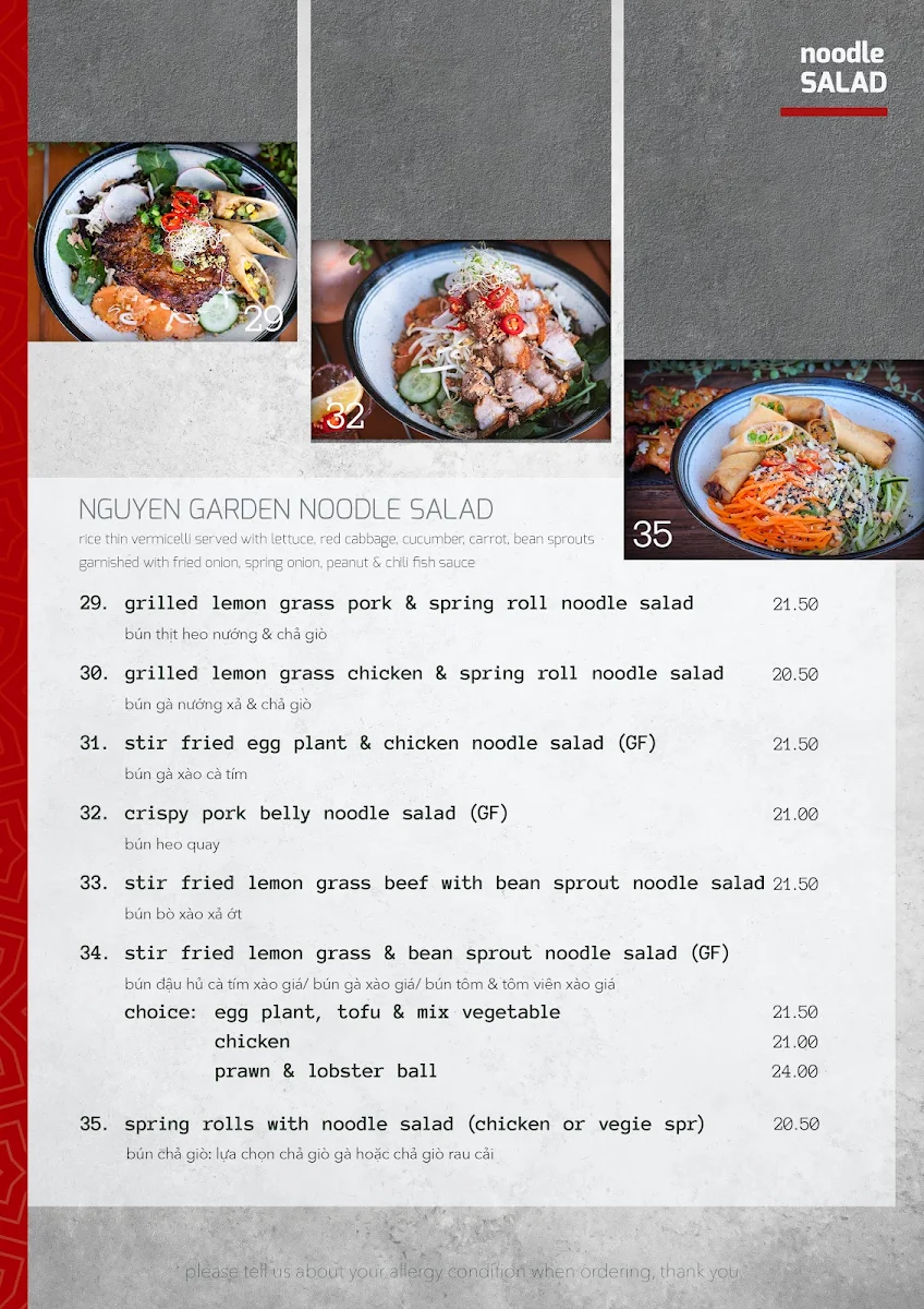 Menu, Nguyen Garden Vietnamese Noodle House