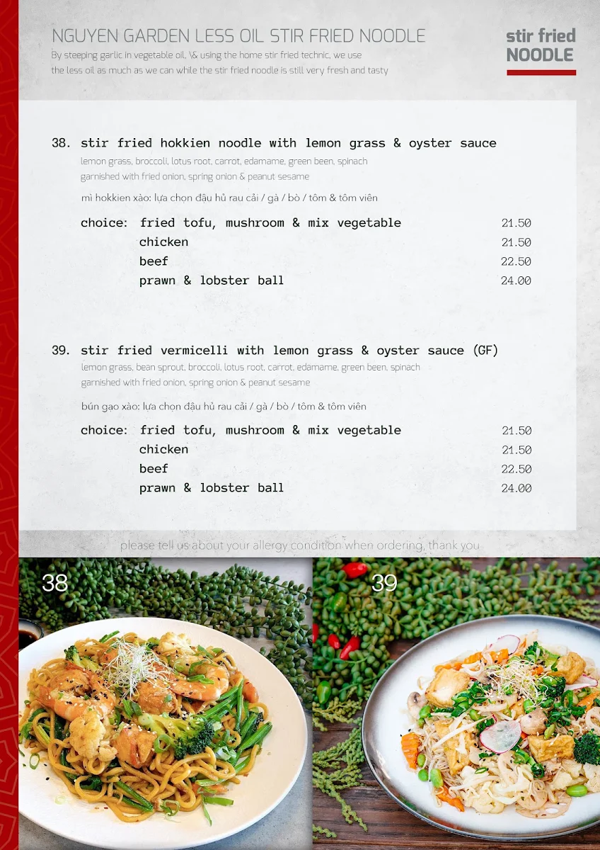 Menu, Nguyen Garden Vietnamese Noodle House