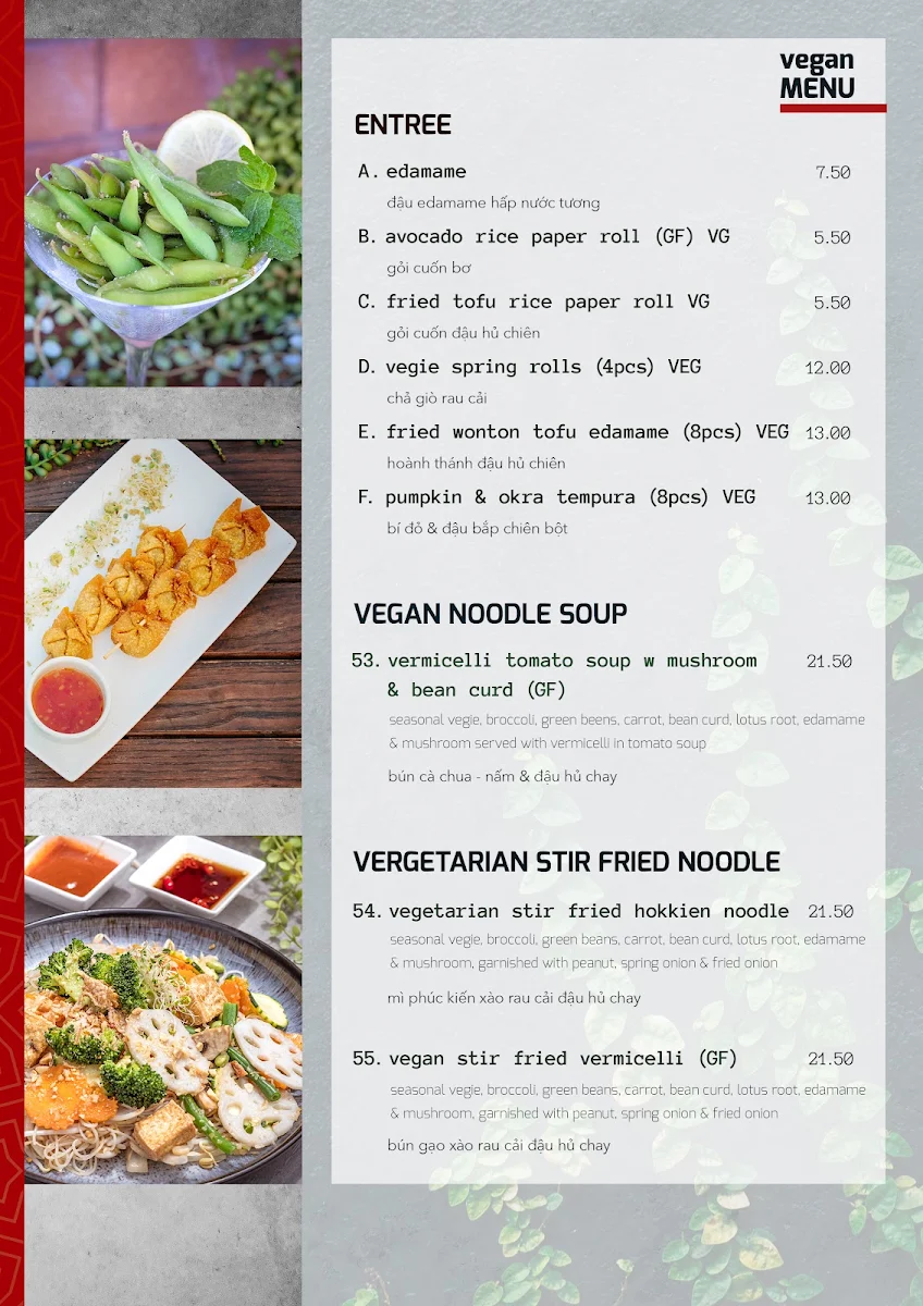 Menu, Nguyen Garden Vietnamese Noodle House
