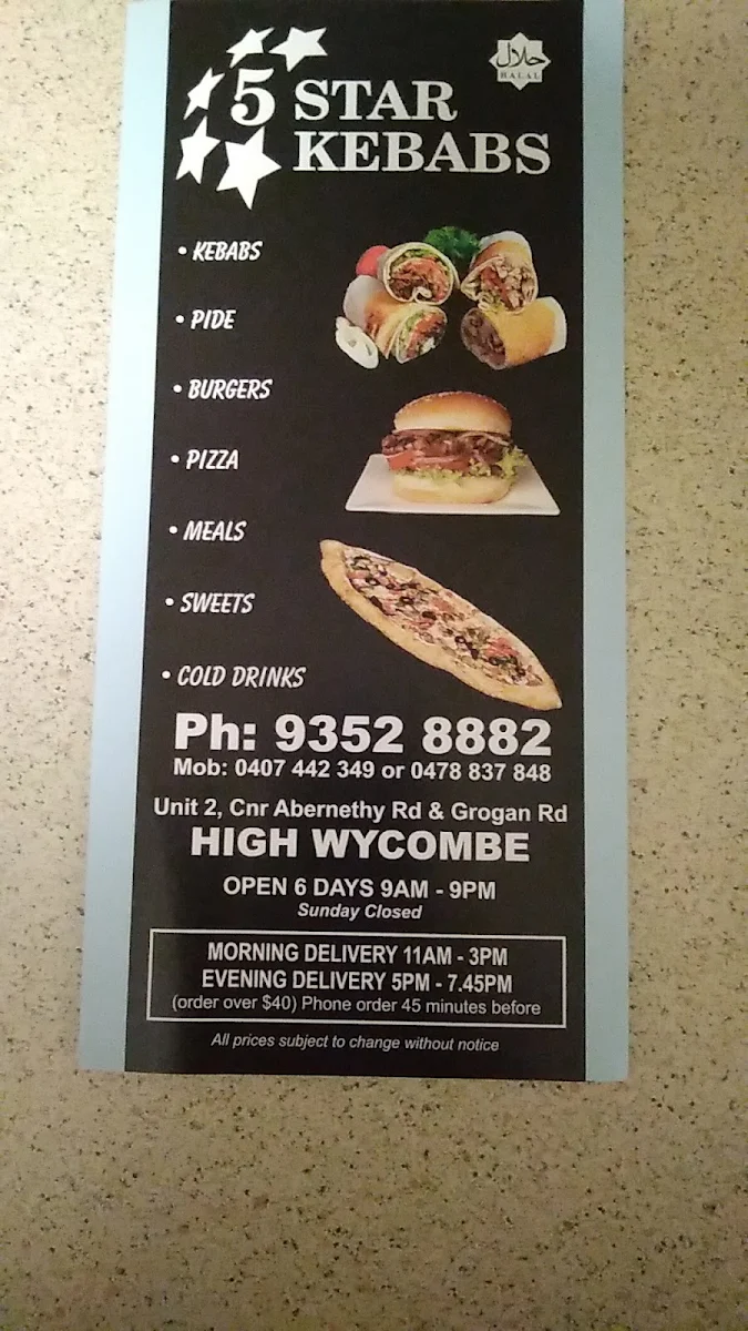 Menu, Five Star Kebabs