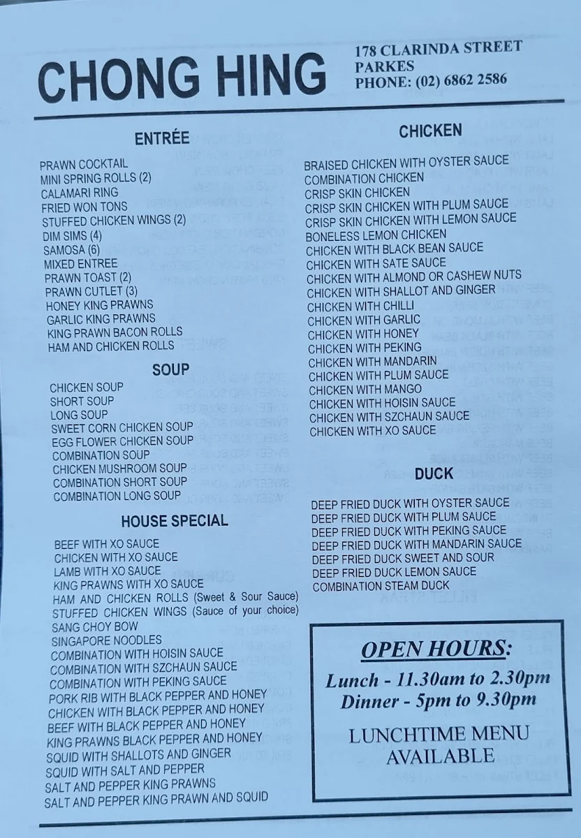Menu, Chong Hing Restaurant