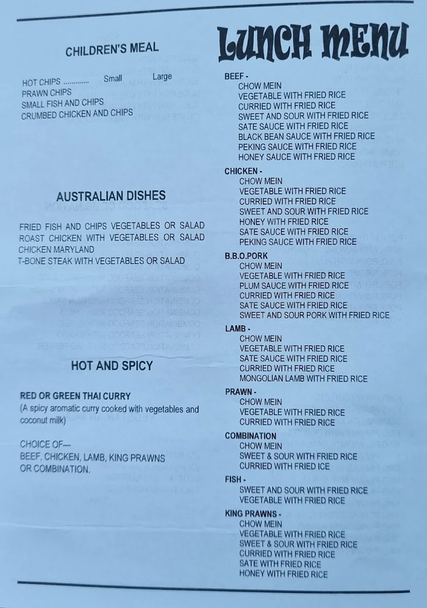 Menu, Chong Hing Restaurant
