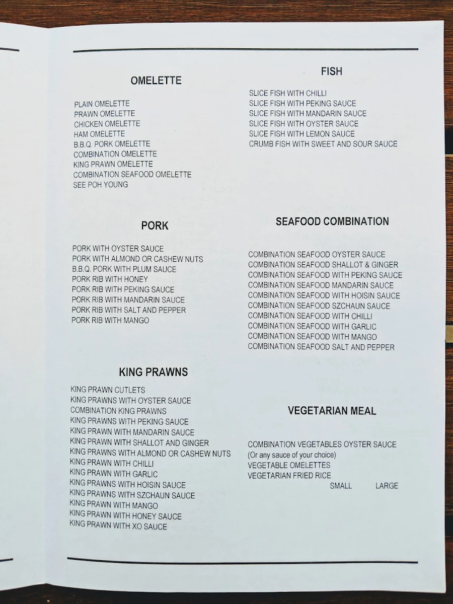Menu, Chong Hing Restaurant