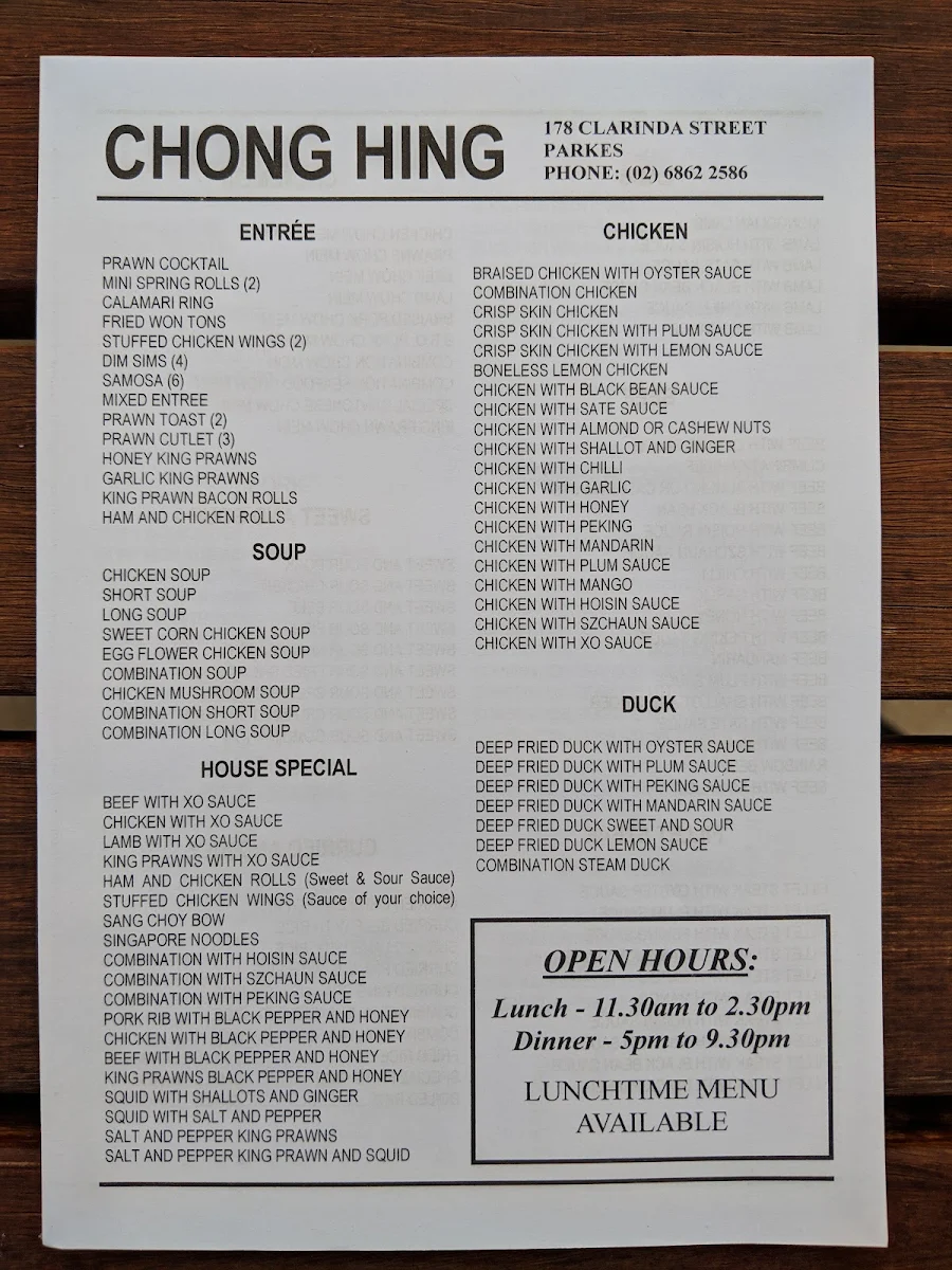 Menu, Chong Hing Restaurant