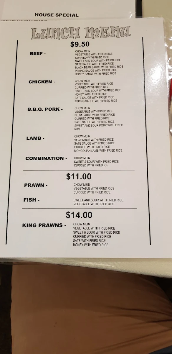 Menu, Chong Hing Restaurant