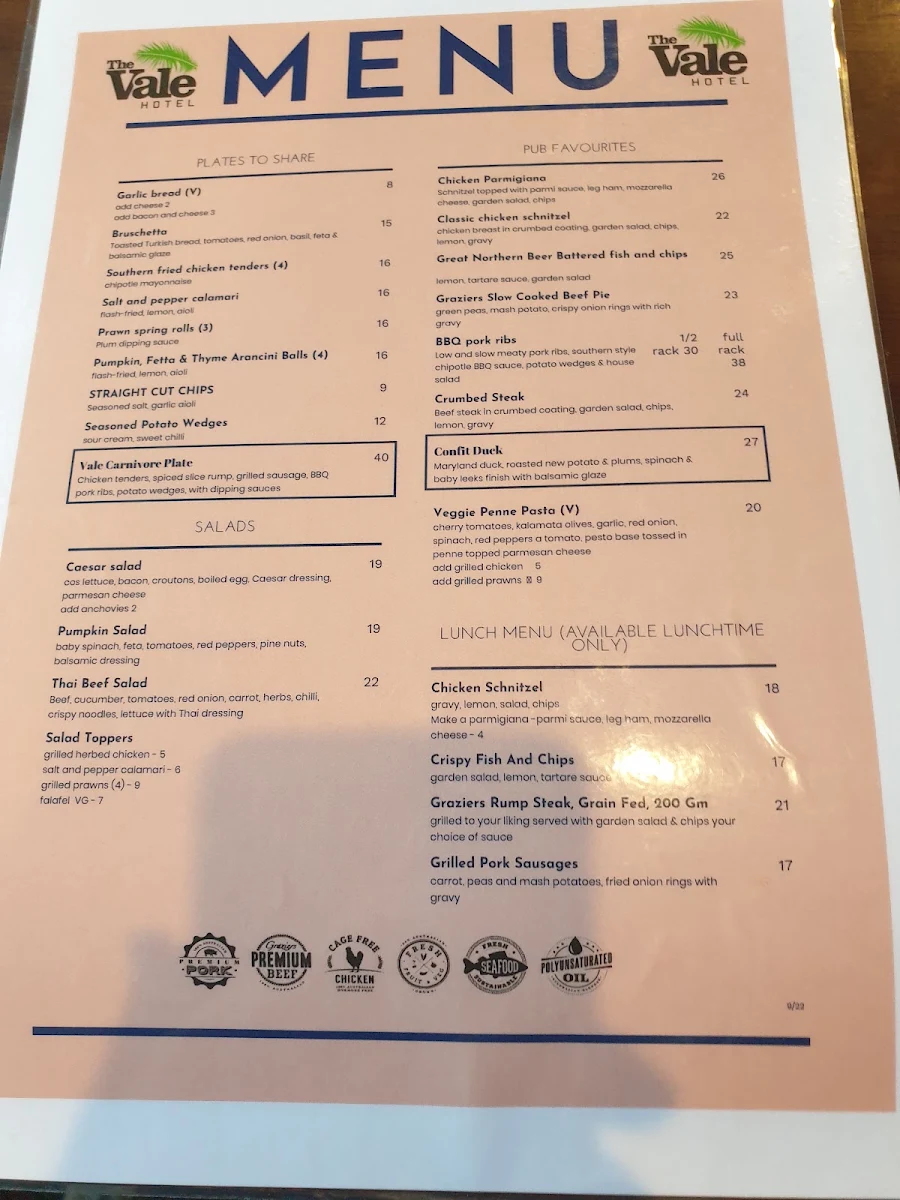 Menu, Vale Hotel