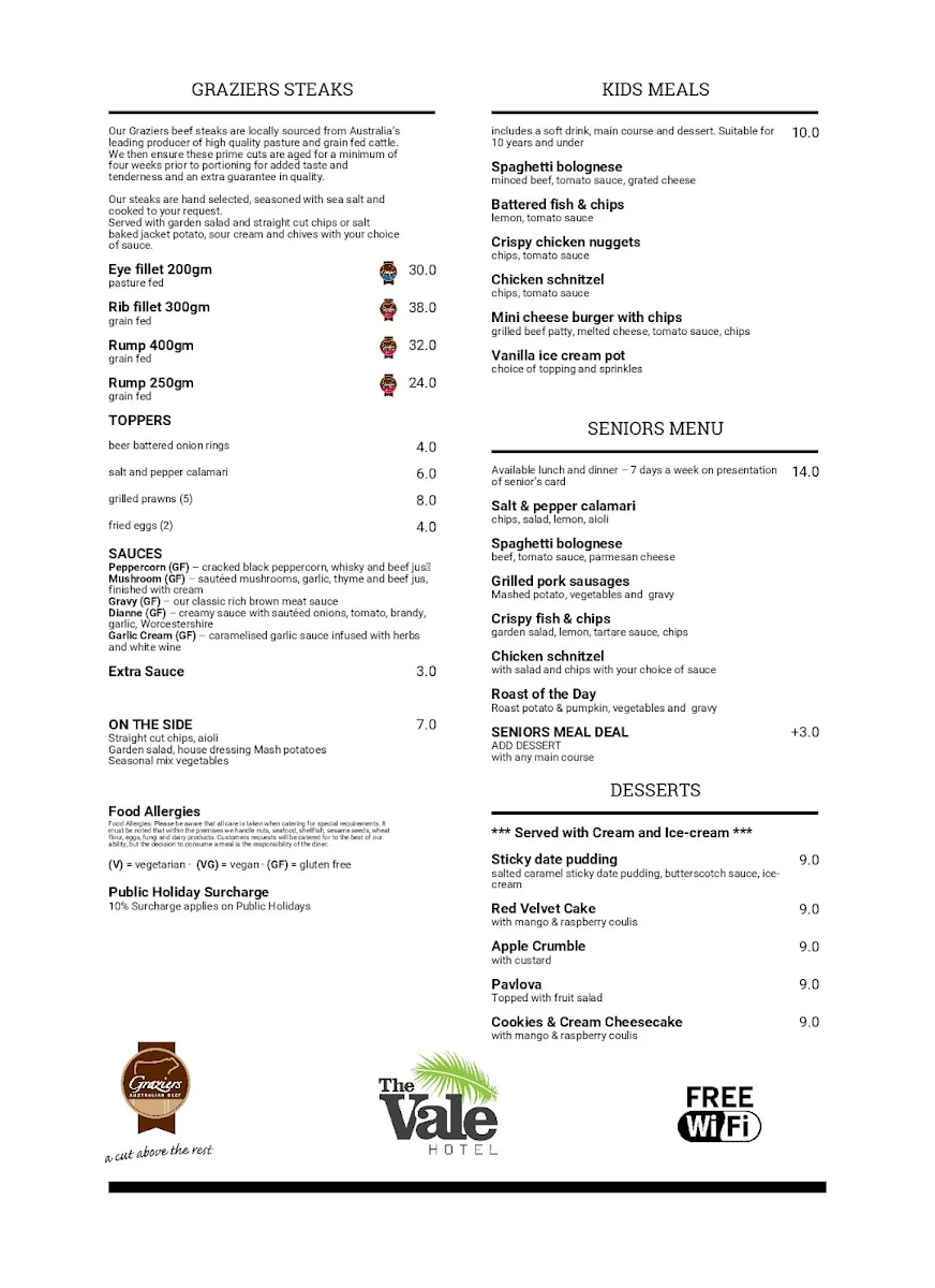 Menu, Vale Hotel