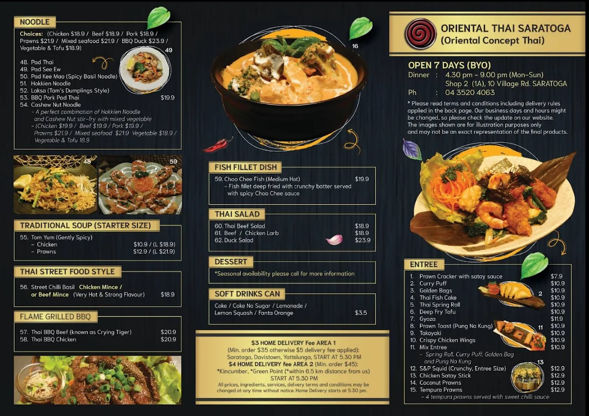 Menu, Oriental Thai Saratoga