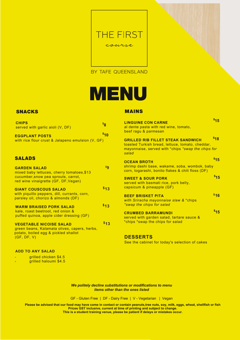 Menu, First Course Bistro